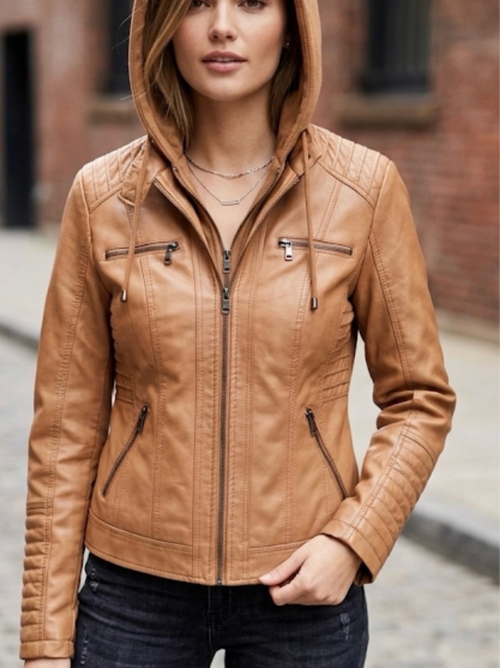 Women's Hooded Faux Leather Jacket in Tan